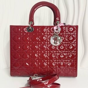 Christian Dior Lady Dior Large Bag Handbag Red Lambskin Quilted